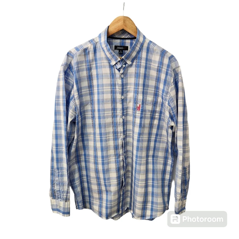 Johnnie O Shirt Mens XL Blue White Plaid Button Down West Coast Prep Surfer
